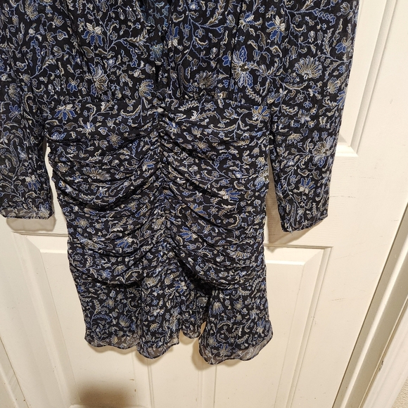 Veronica Beard 100% Silk Floral Long Sleeve Ruched Mini Dress Size 6 Party Blue - Picture 11 of 14